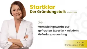 Cover-Bild für Podcast des gründungs.centers mit dem Titel "Startklar - Der Gründungstalk", Links ist Aline Pelzer CEO des gründungs.centers zu sehen. Sie schaut frontal in die Kamera, hat ihre Arme verschränkt und trägt ein weißes Business-Outfit. Sie lächelt in die Kamera und hat ihre kinnlangen Haare glatt gekämmt. Rechts von ihr steht der Titel der Podcastfolge, die Folgennummer und der Podcastname. Sowie der Slogan "Von der Gründung zum Erfolg"