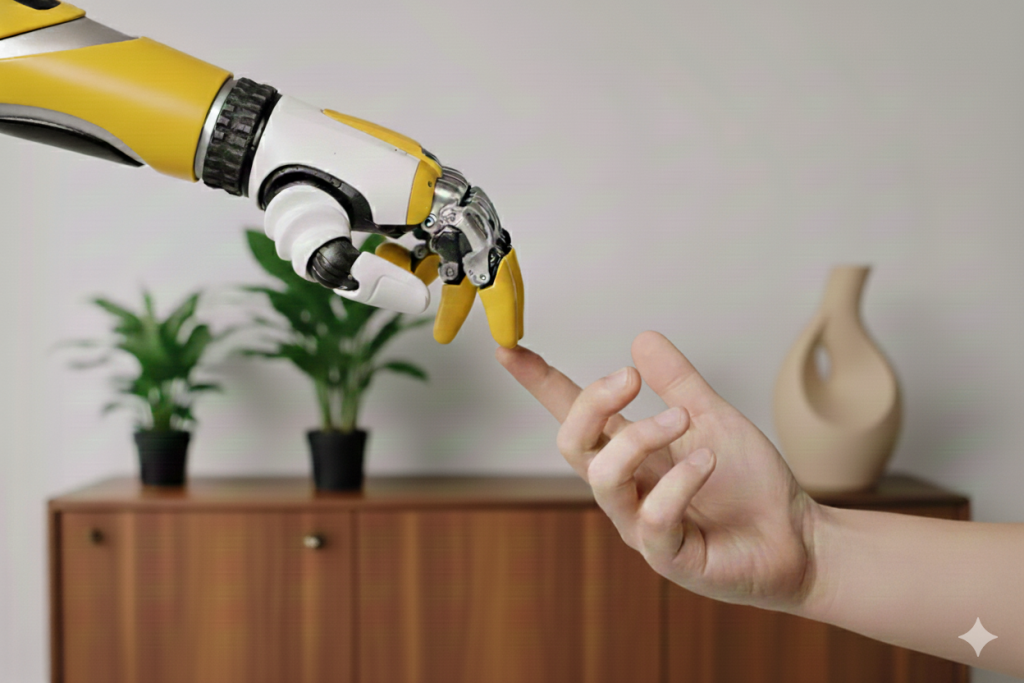 Sinnbild für die KI-Weiterbildung beim gründungs.center: Ein gelber Roboterarm reicht von oben links ins Bild hinein und berührt mit einem Finger eine menschlichen Hand, die von unten rechts in das Bild reicht. Im Hintergrund ist eine dunkle Holzkommode zu sehen, die an einer hellen Wand steht. Darauf stehen links zwei Grünpflnzen und rechts eine organische, beige Vase.