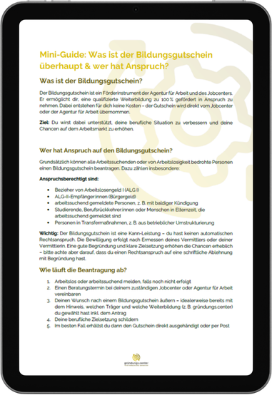Mock Up eines Tablets mit der Argumentationshilfe für den Bildungsgutscheins vom gründungs.centers