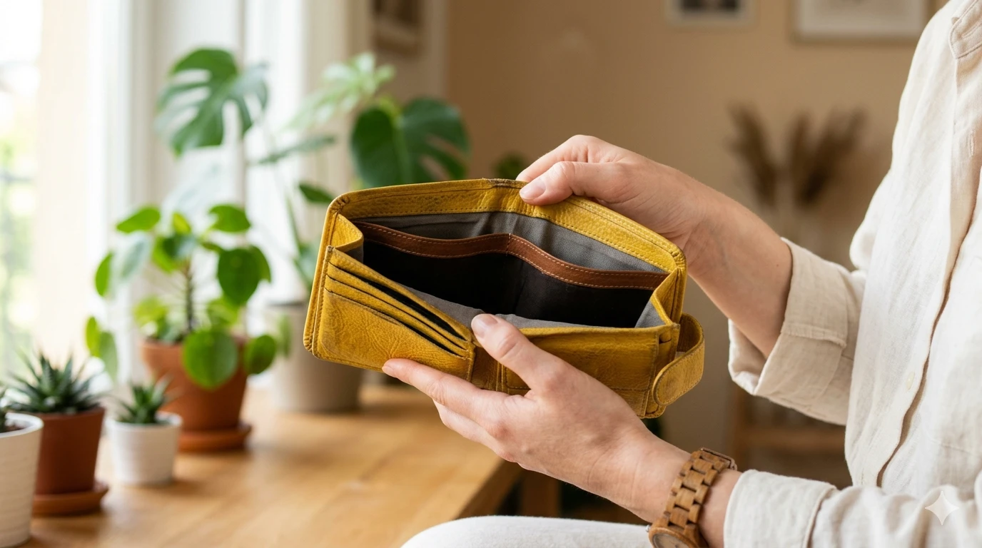 Sinn- und Coverbild: Online-Business aufbauen ohne Startkapital – so geht's. Eine Person in beigem Leinen Oberteil hält ein gelbes leeres Portemonnaie in die Kamera.