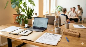 Sinn- und Coverbild: Fördermittel für Existenzgründer:innen. Eine Blick in eine helles, freundliches Büro mit mehreren Schreibtischen. Im Vordergrund steht ein Schreibtsich auf dem ein Fördermittelantrag liegt.