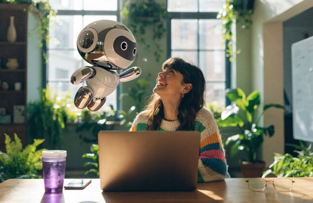 Symbolbild: Künstliche Intelligenz im Büroalltag. Eine junge, sympathische Frau sitzt in einem hellen Büro mit vielen Pflanzen an ihrem Laptop und bei ihr schwebt ein KI-Roboter.