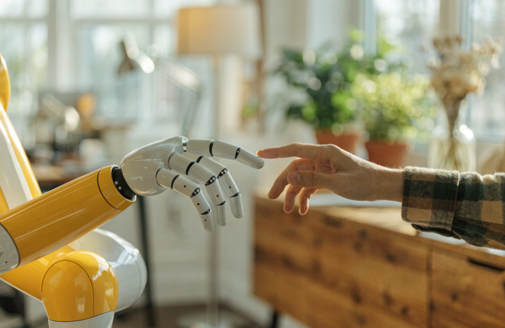 Symbolbild: Nicht von der KI abgehängt zu werden. Ein Roboter/KI-Arm reicht einem Menschen den Finger