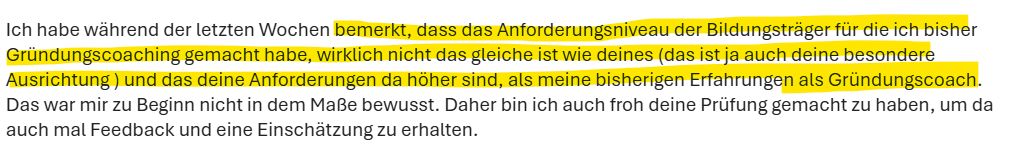 Schriftliches Feedback einer Alumni der Ausbildung zum Gründungscoach beim gründungs.center